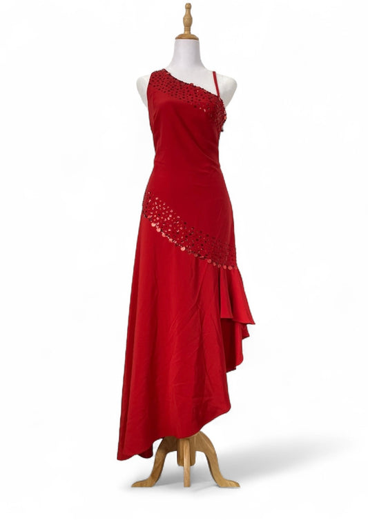 Brand-new deep red one shoulder maxi gown with sequin details