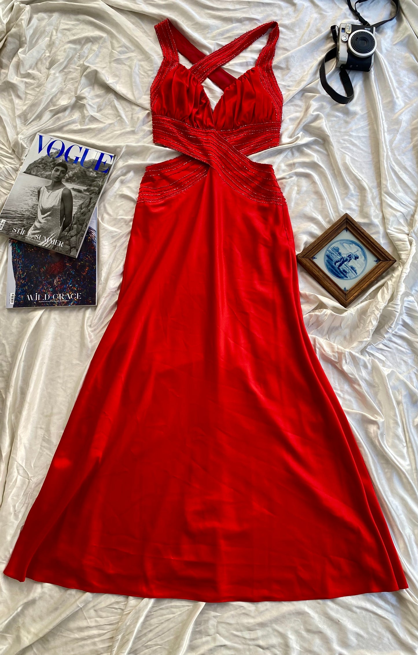 Brand new red satin gown with open back and sequin details