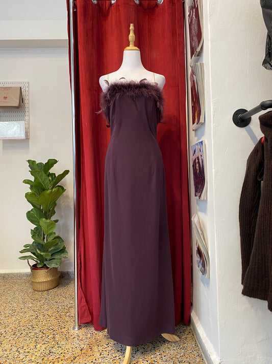 Brand new deep purple gown with feather bust