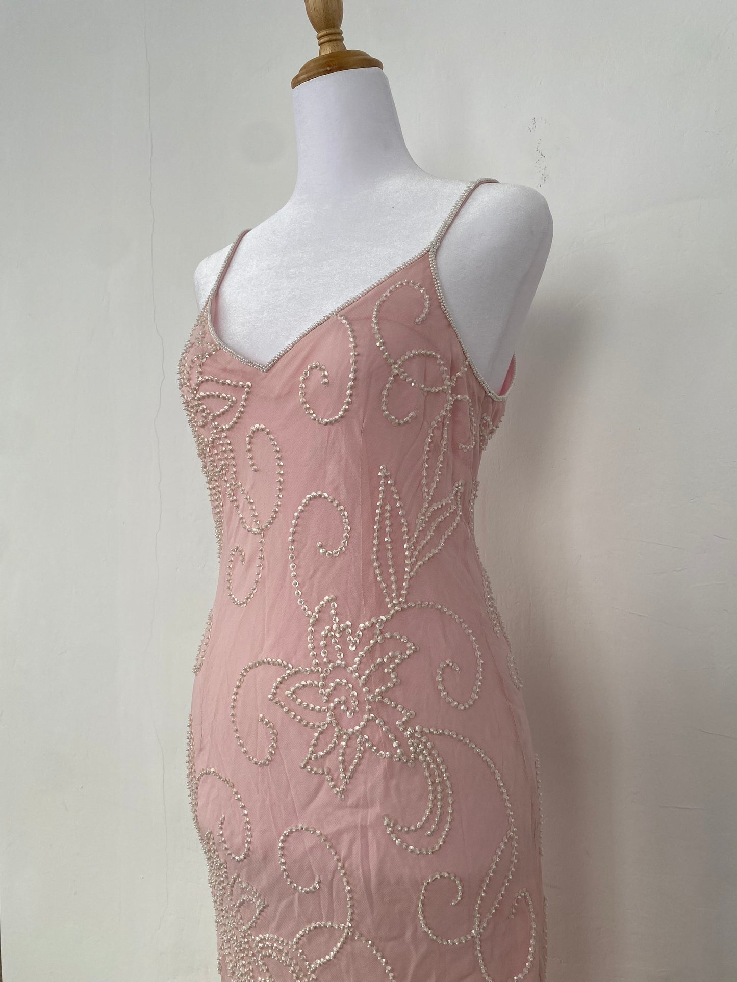 100% silk brand new baby pink maxi dress with handbeaded details