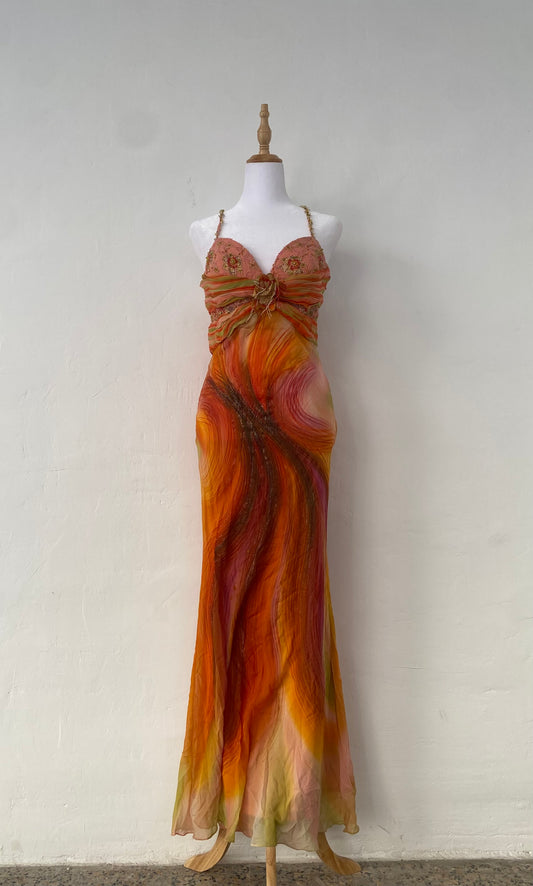 100% silk brand new sunset gown with handbeaded details