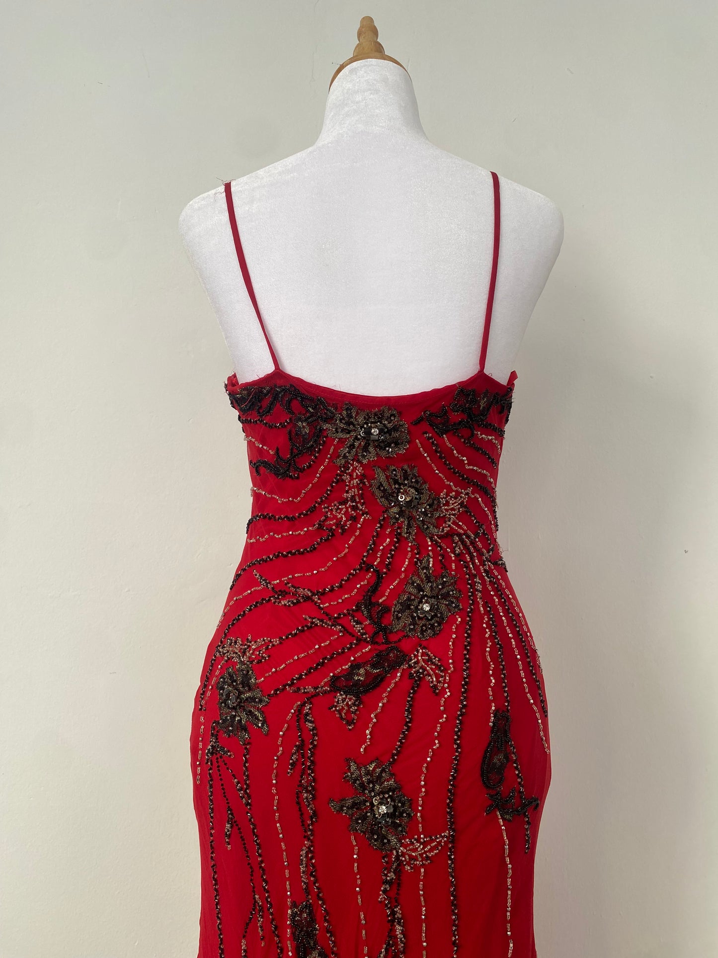 100% silk brand new deep red gown with all over handbeaded details