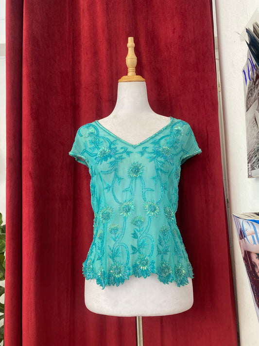 100% silk teal handbeaded top 🩵