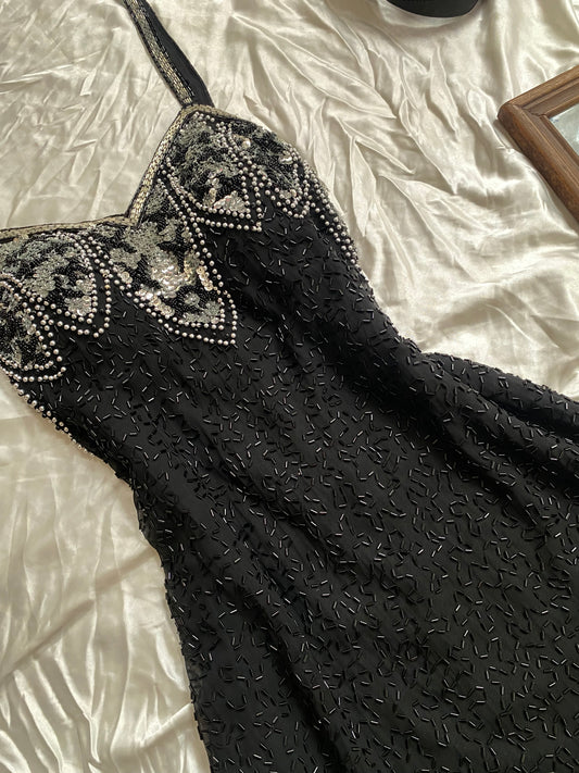 100% silk black dress with all over handbeaded details