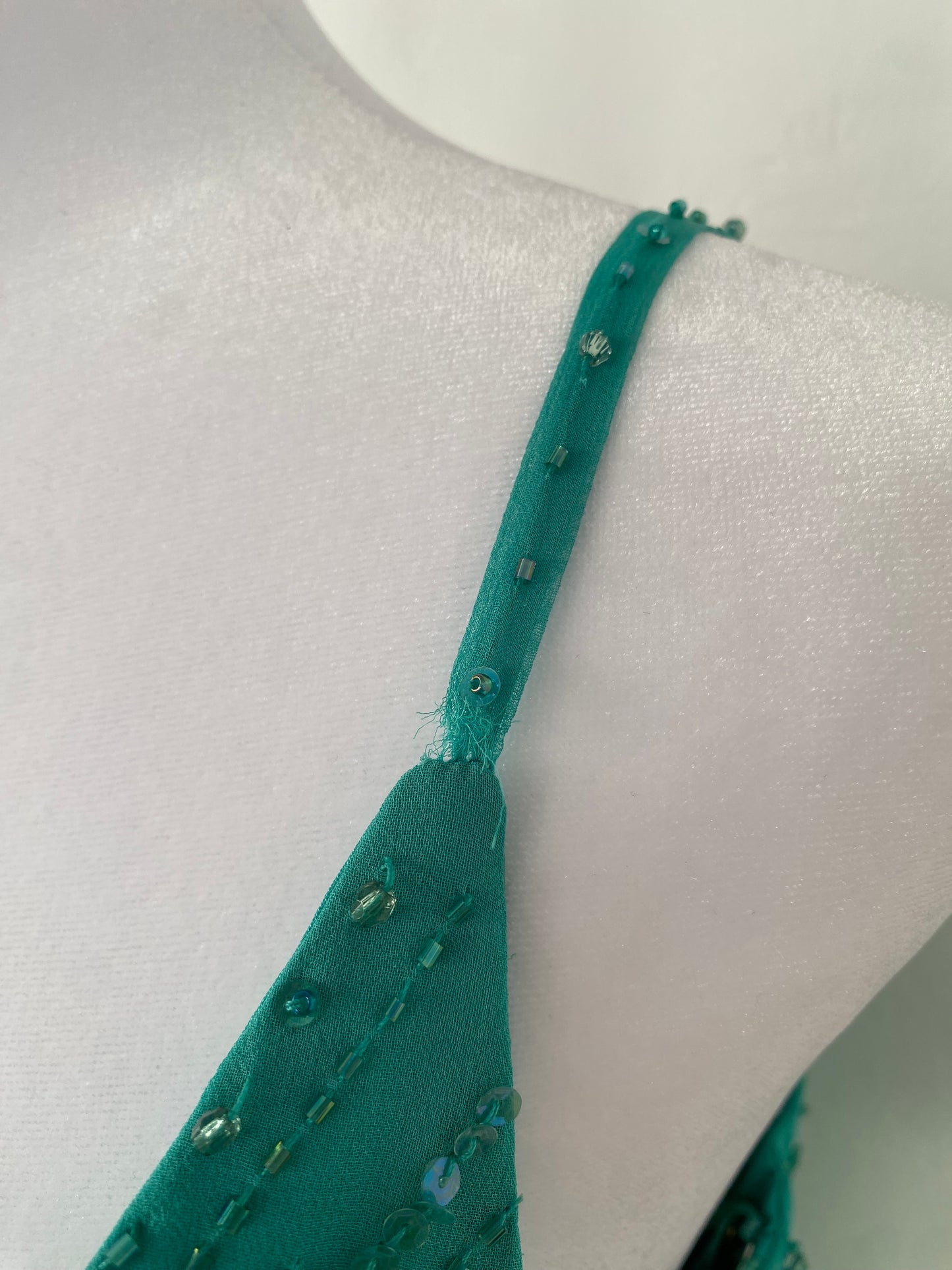 100% silk brand new turquoise gown with handbeaded details all over