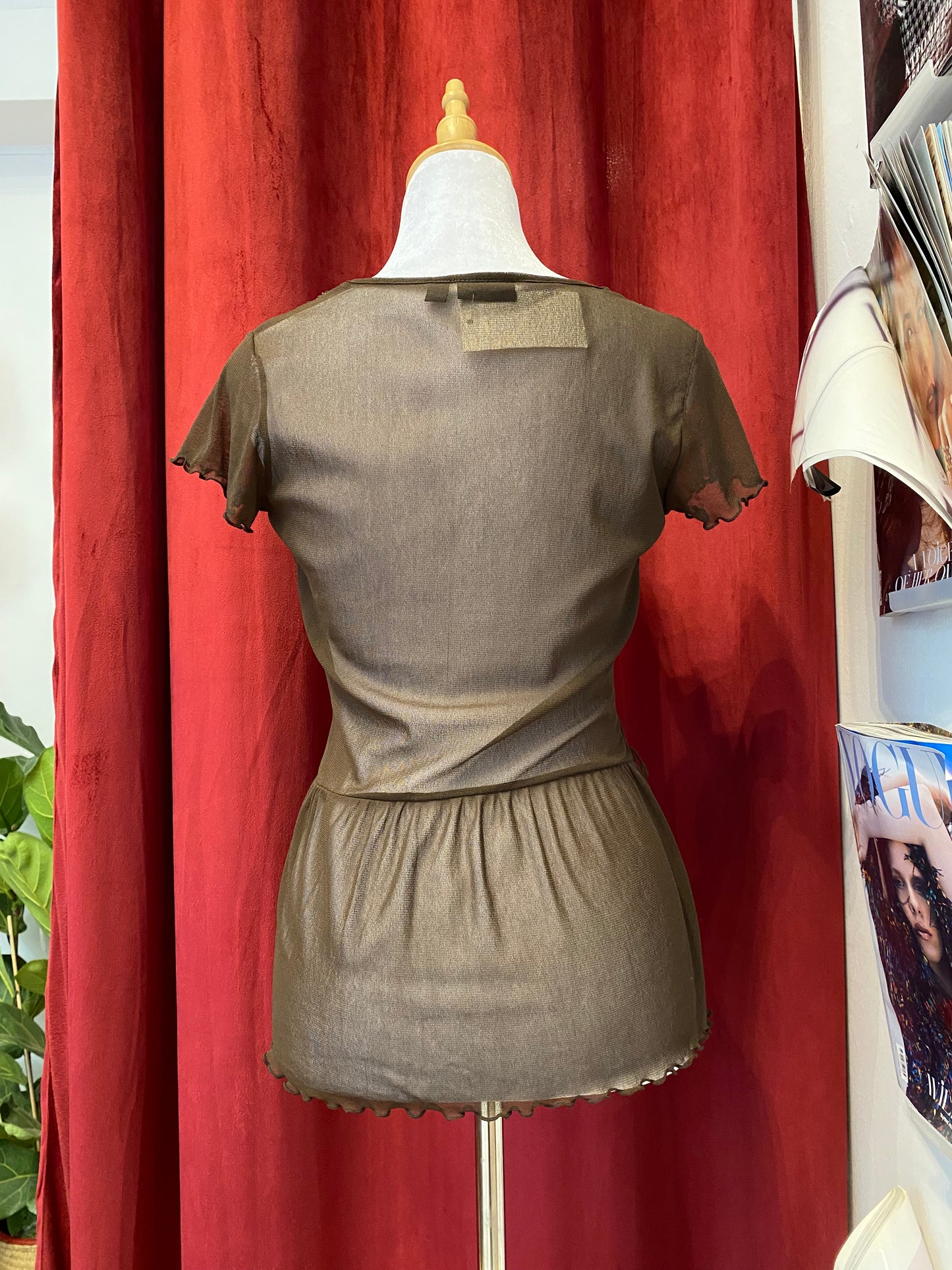 Brown mesh top with sequin details