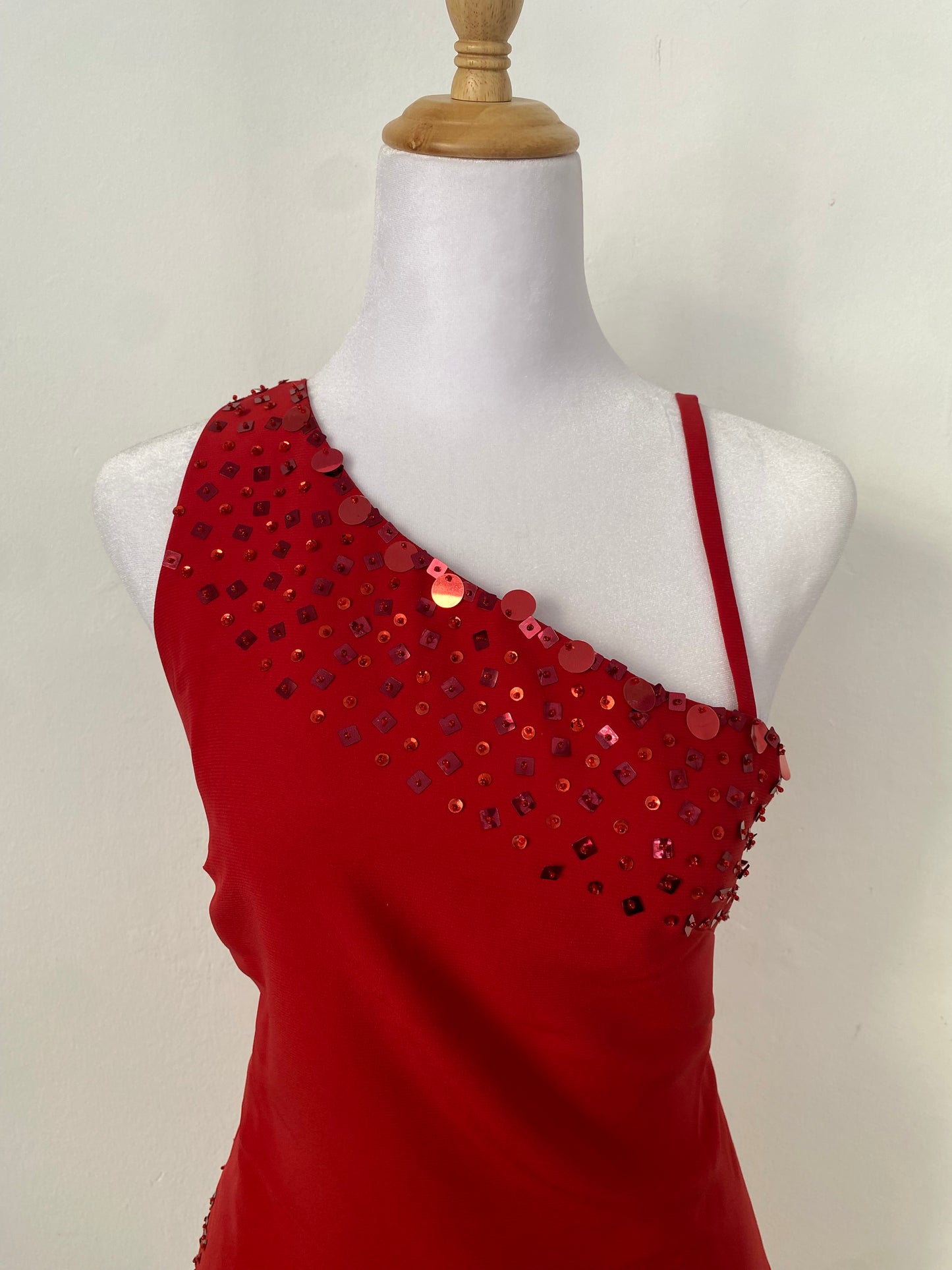 Brand-new deep red one shoulder maxi gown with sequin details