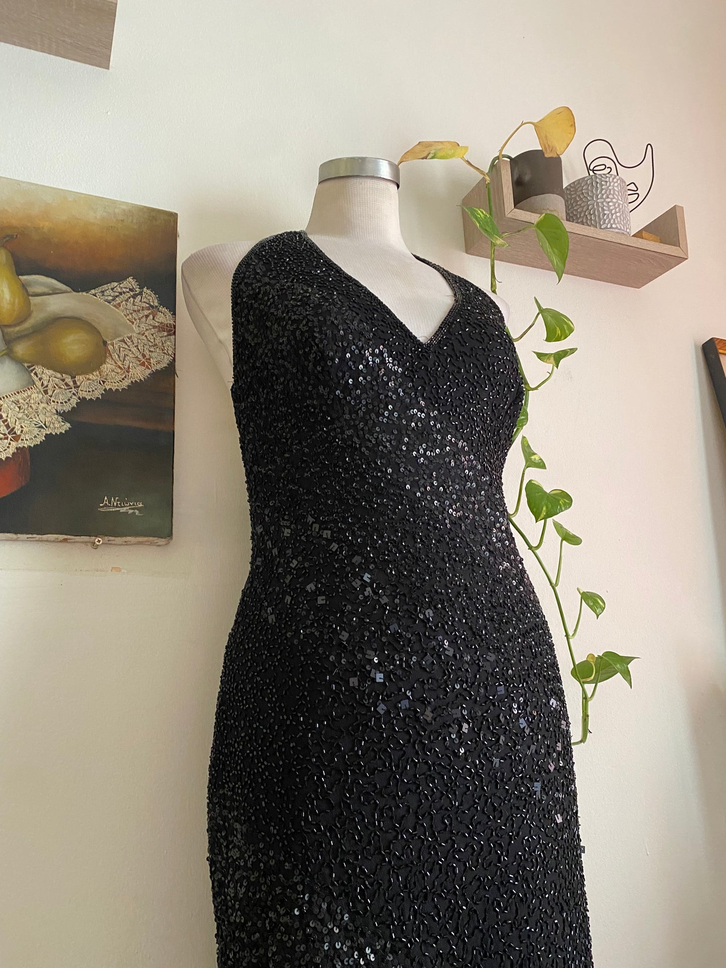 100% silk all over handbeaded black gown