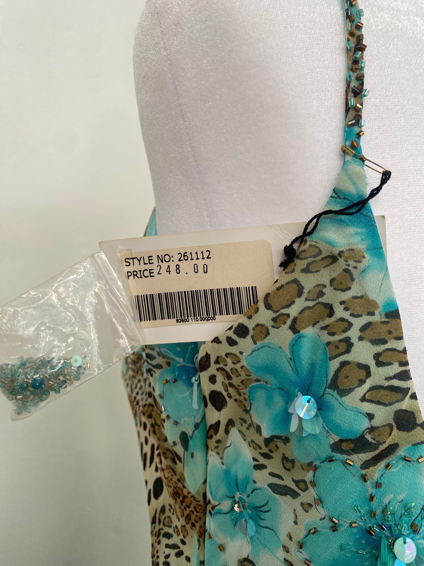 100% silk brand new animal print ruffled gown with handbeaded details