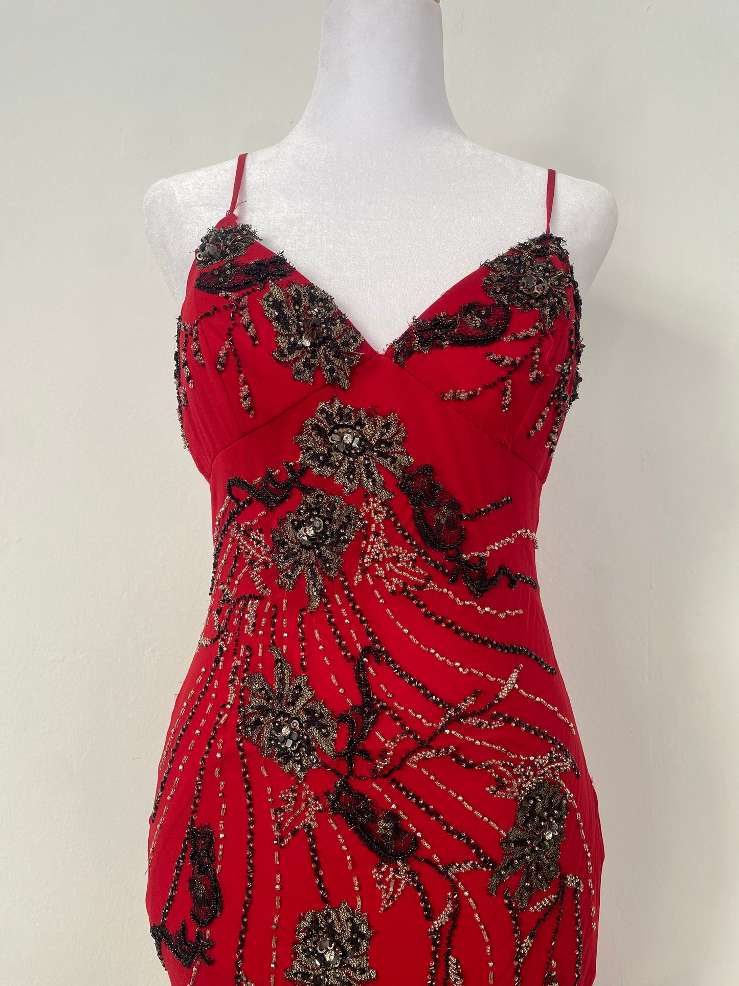 100% silk brand new deep red gown with all over handbeaded details