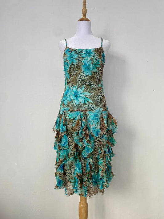 100% silk brand new animal print ruffled gown with handbeaded details
