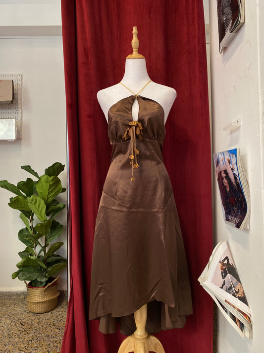 Brand new brown gown with chain flower details