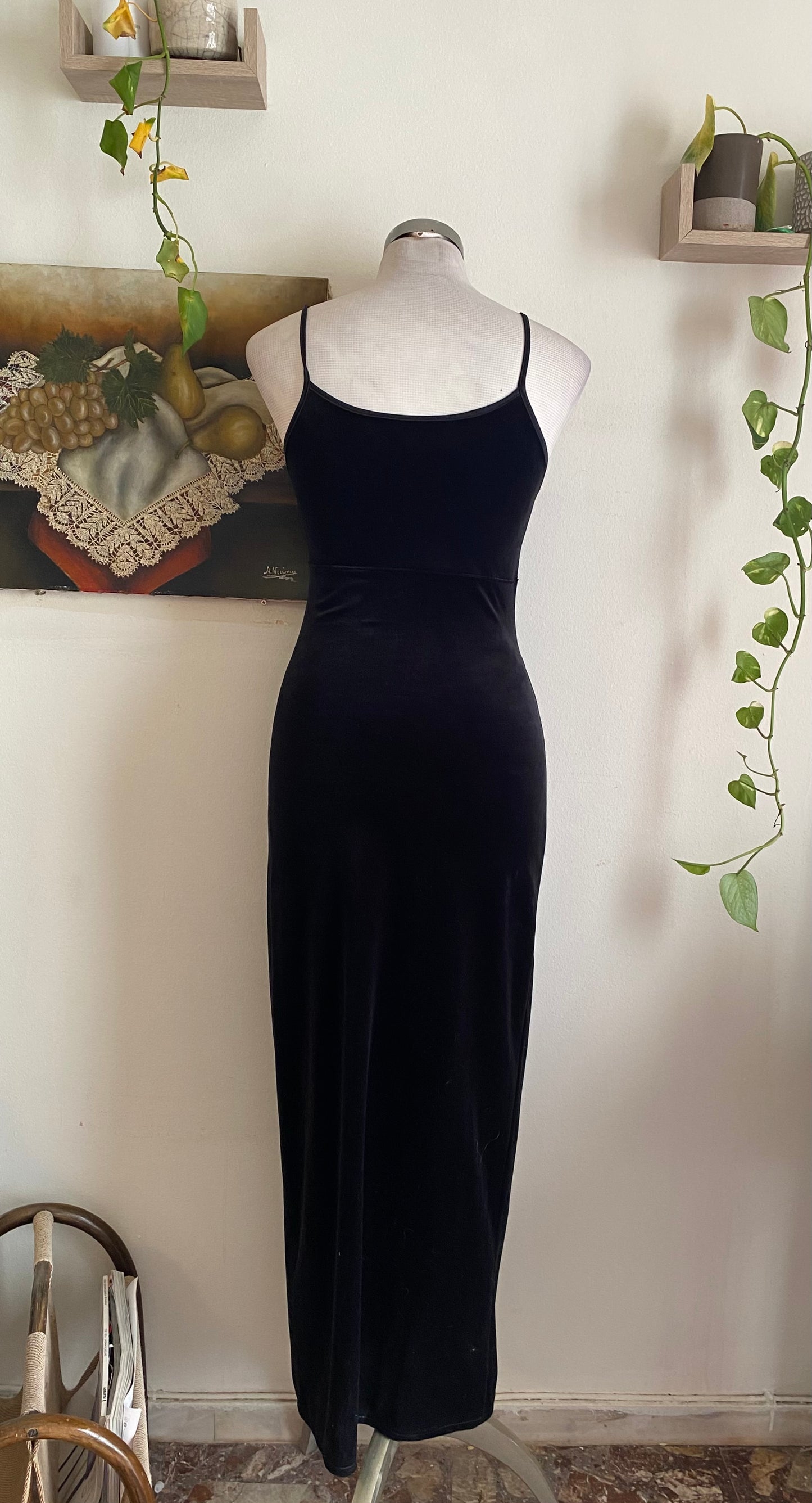 Brand new black maxi velvet dress with buckle details