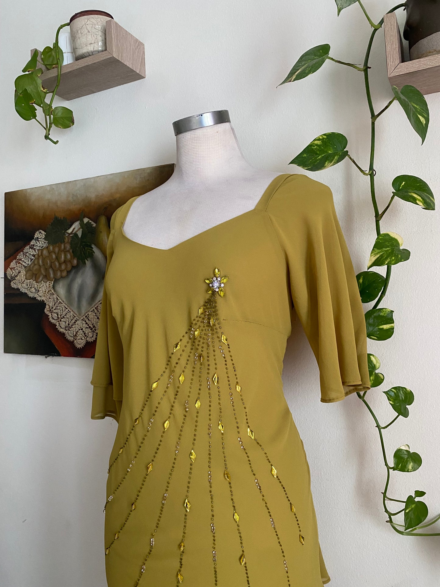 Brand new 2 piece olive green handbeaded set