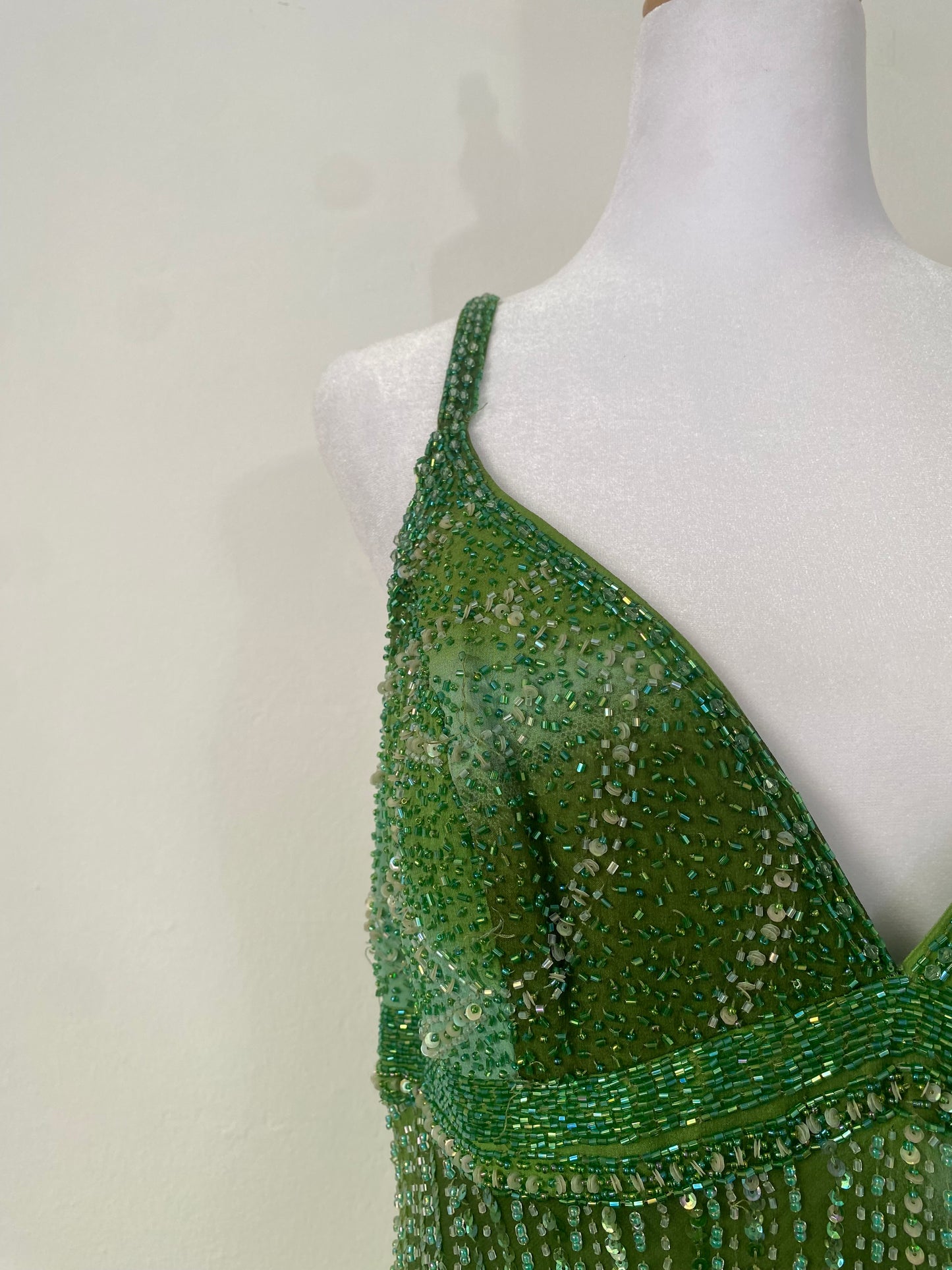 100% silk brand new green all over handbeaded dress