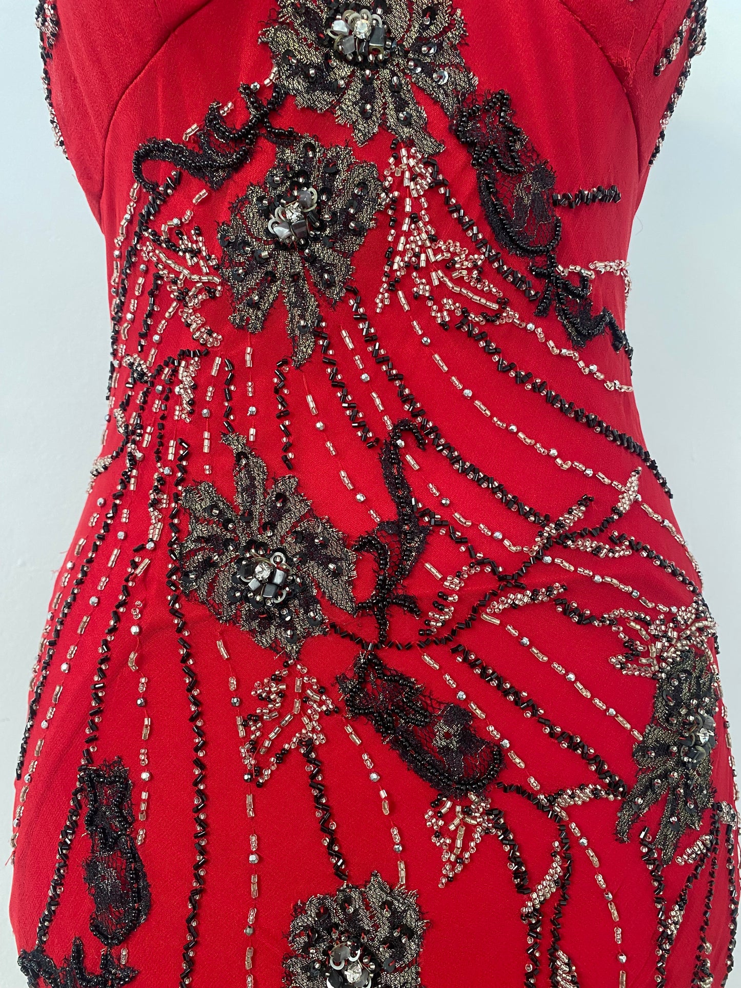 100% silk brand new deep red gown with all over handbeaded details
