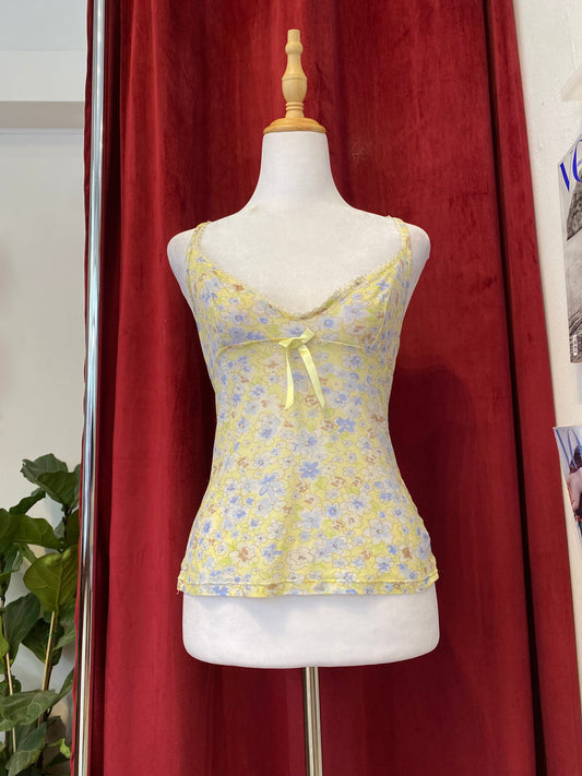 Yellow see through cami top with blue flower details