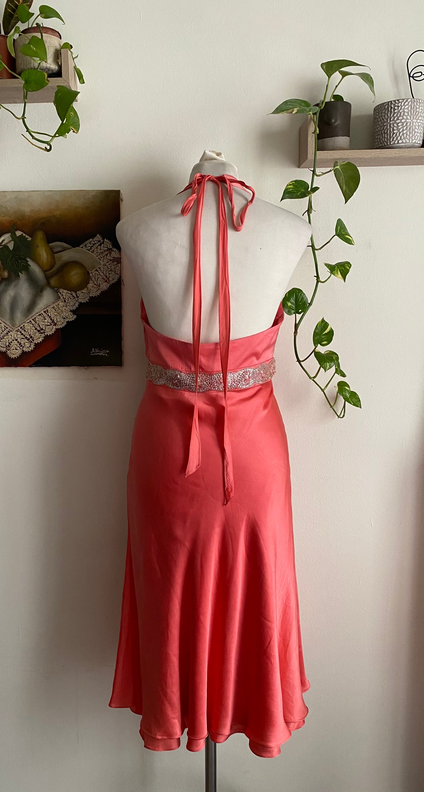 100% silk halter coral dress