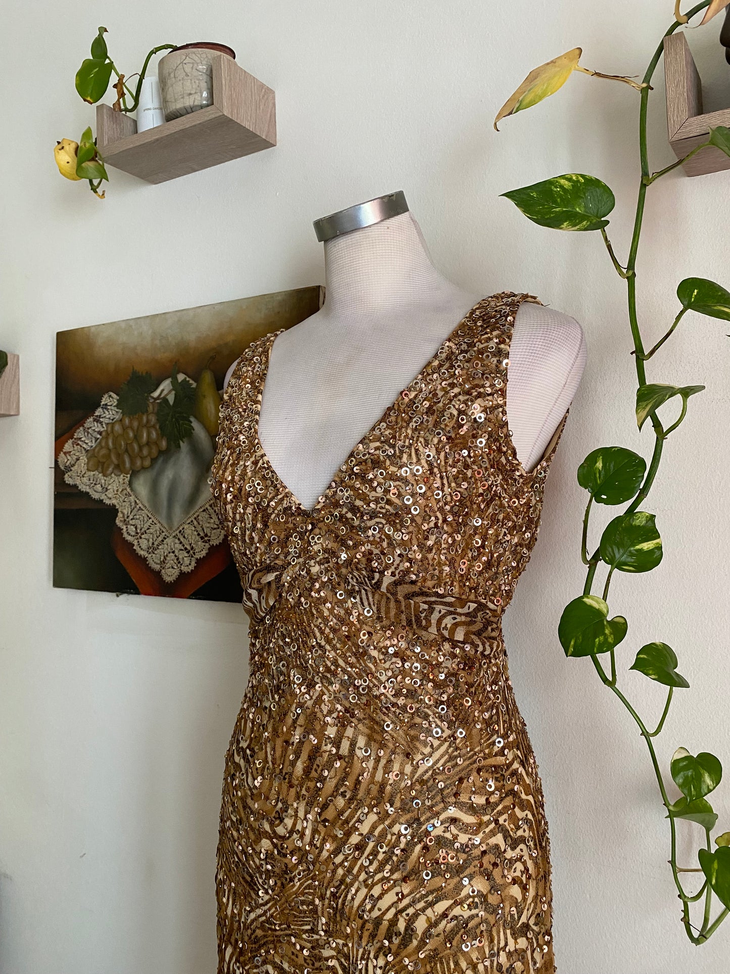 100% silk mini all over handbeaded gown