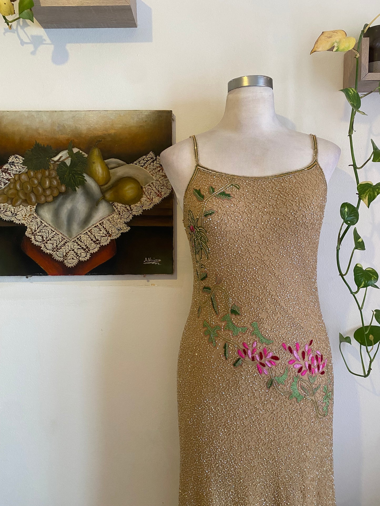 100% silk all over handbeaded gown with flower details