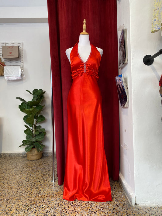 Red maxi satin gown with rhinestones