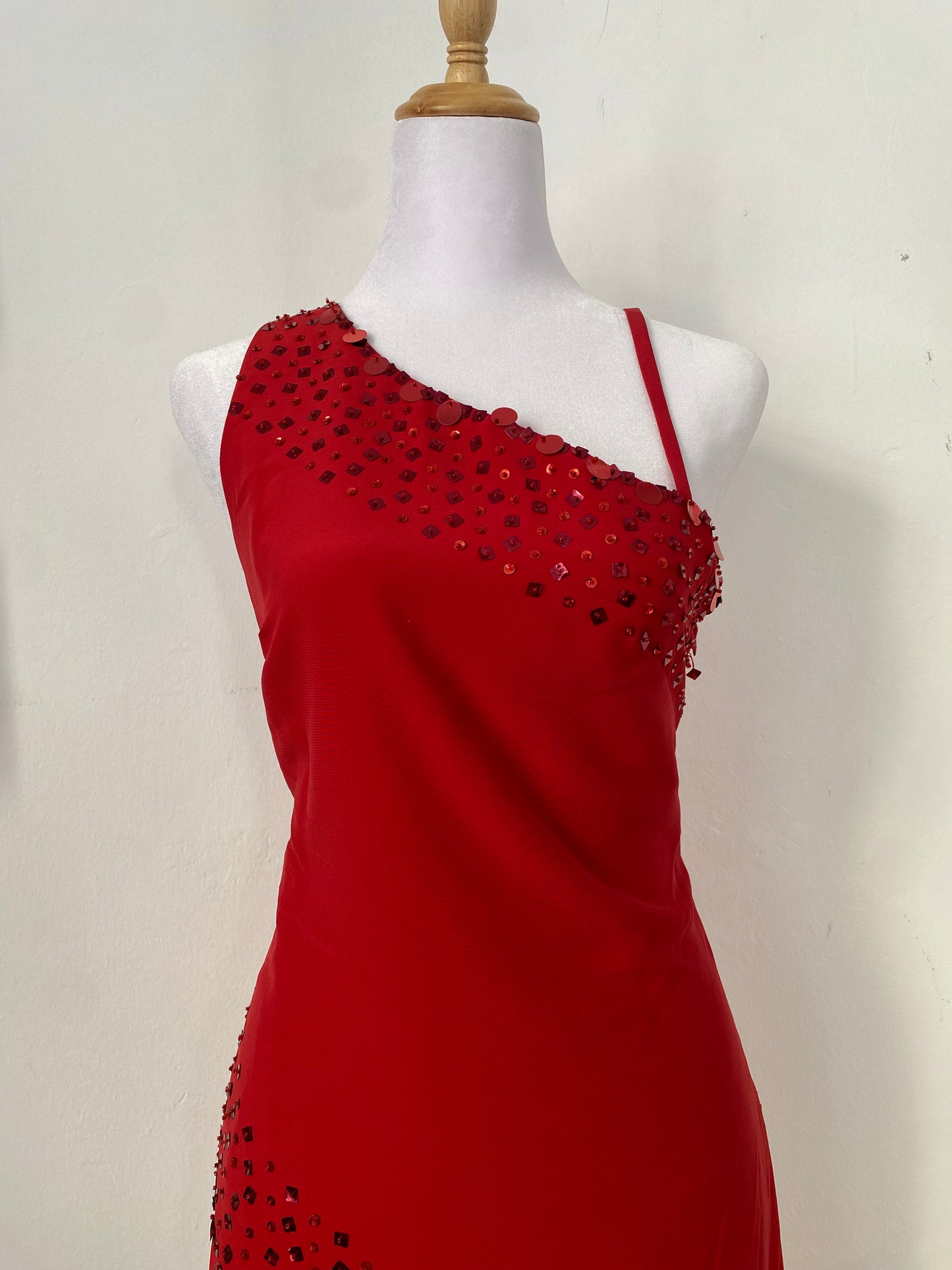 Brand-new deep red one shoulder maxi gown with sequin details