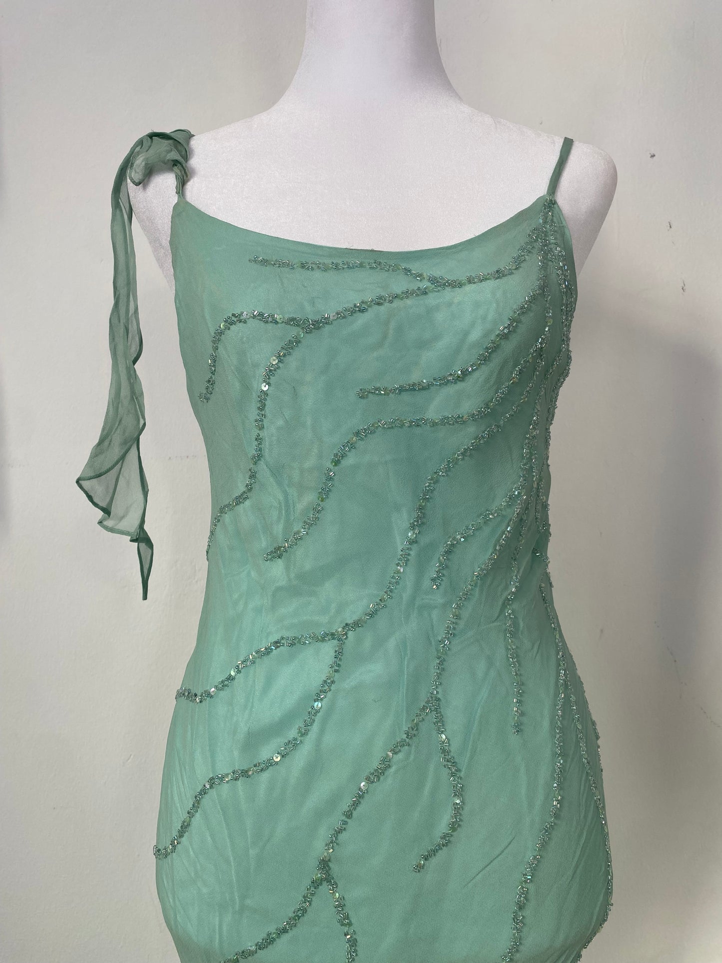 100% silk brand new light turquoise dress with all over handbeaded details