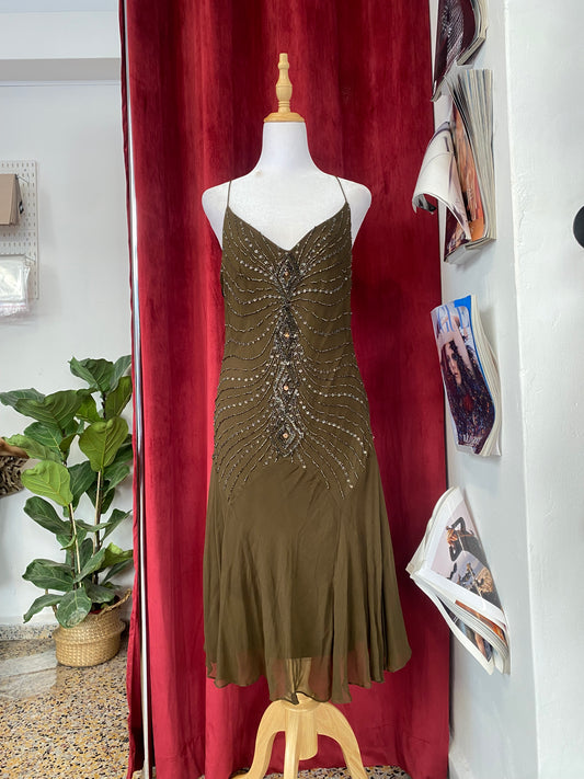 100% silk deep olive dress with all over handbeaded details