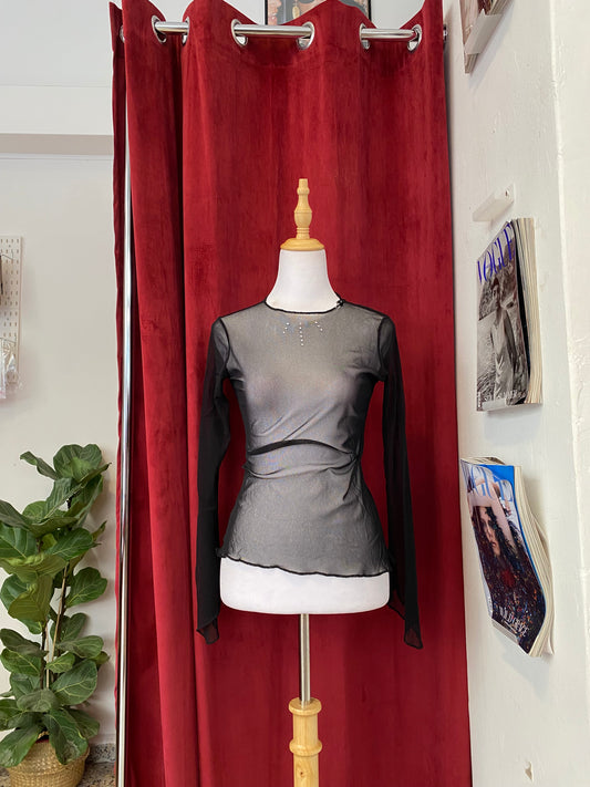 Sheer black top with rhinestone details