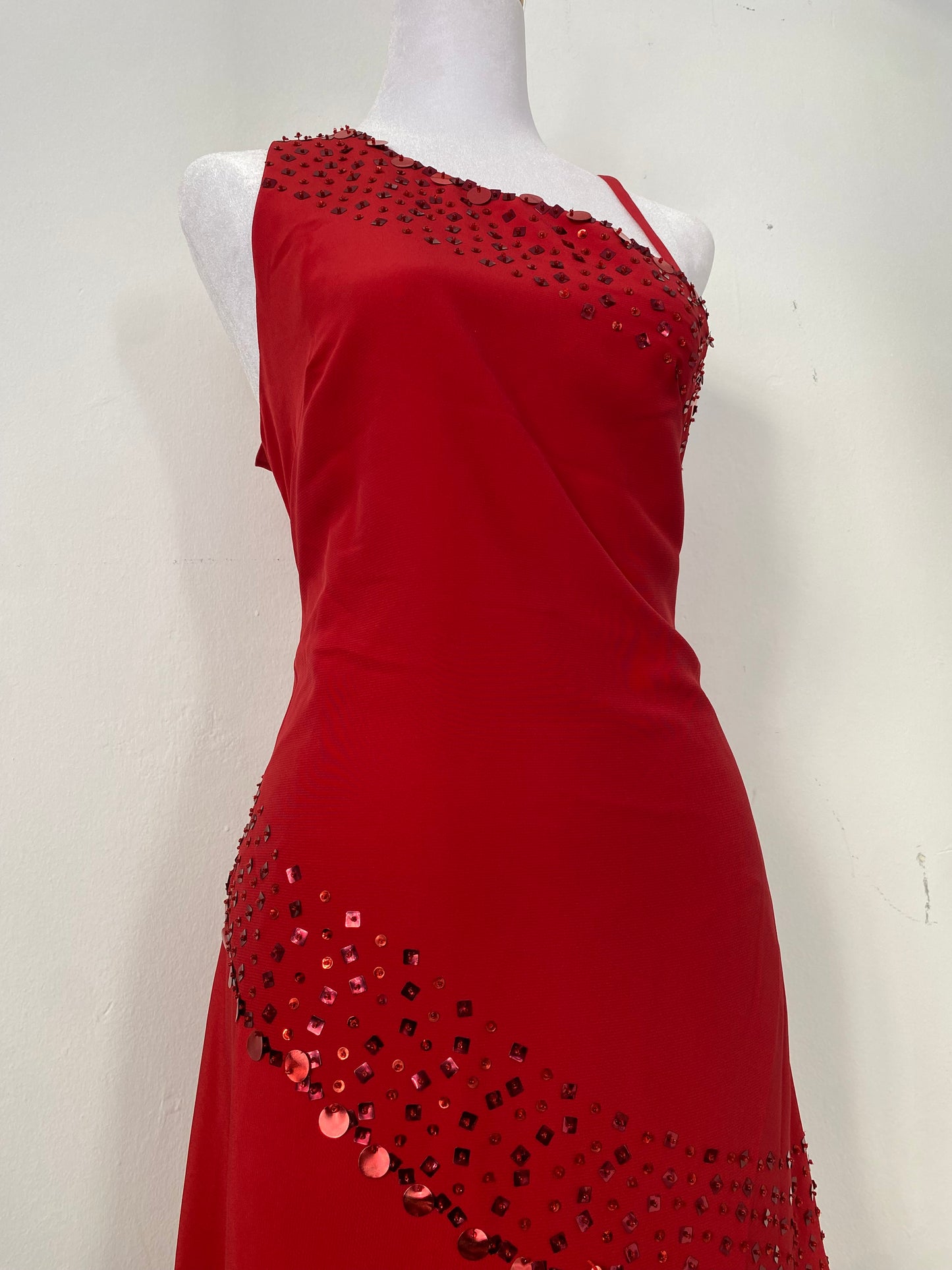 Brand-new deep red one shoulder maxi gown with sequin details