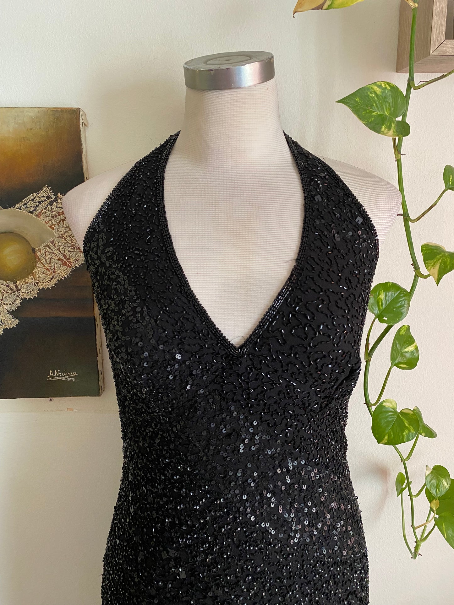 100% silk all over handbeaded black gown