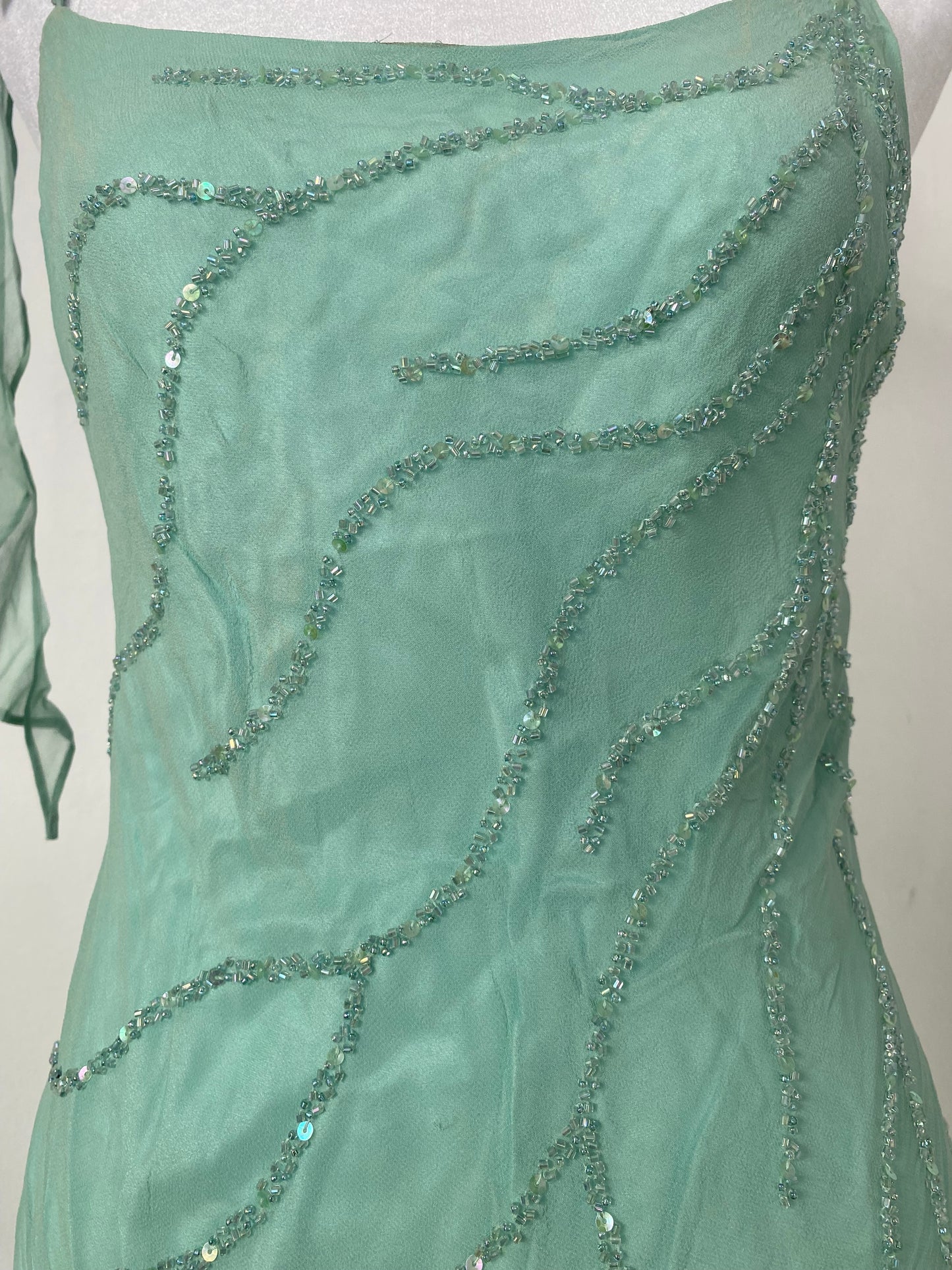 100% silk brand new light turquoise dress with all over handbeaded details