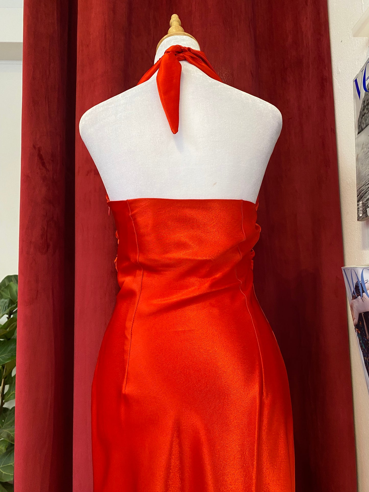 Red maxi satin gown with rhinestones