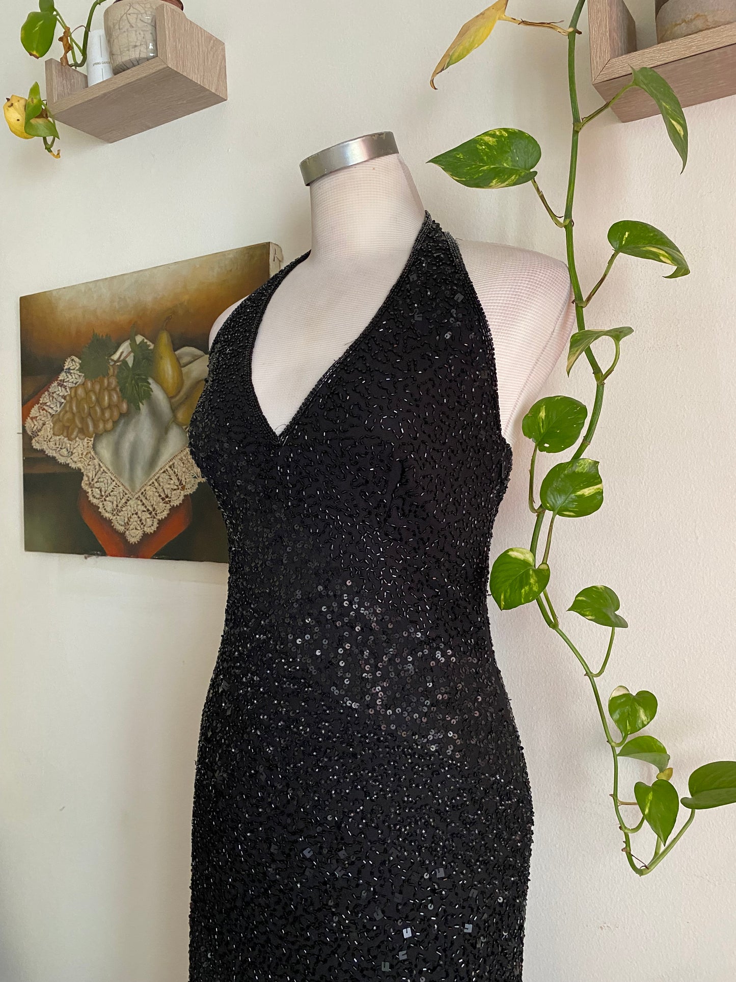 100% silk all over handbeaded black gown