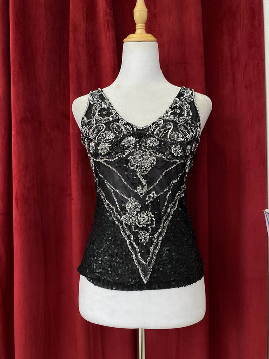 Handbeaded black mesh top š§
