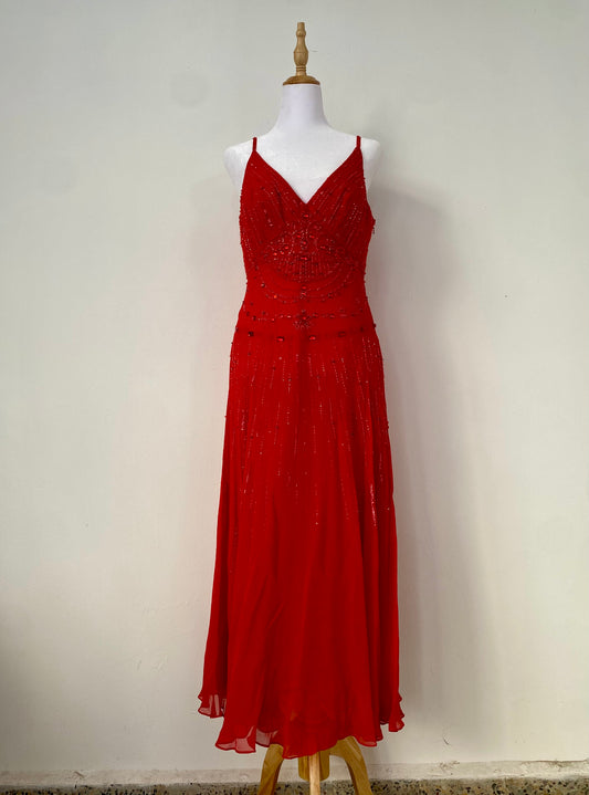 100% silk brand new red gown with all over handbeaded details