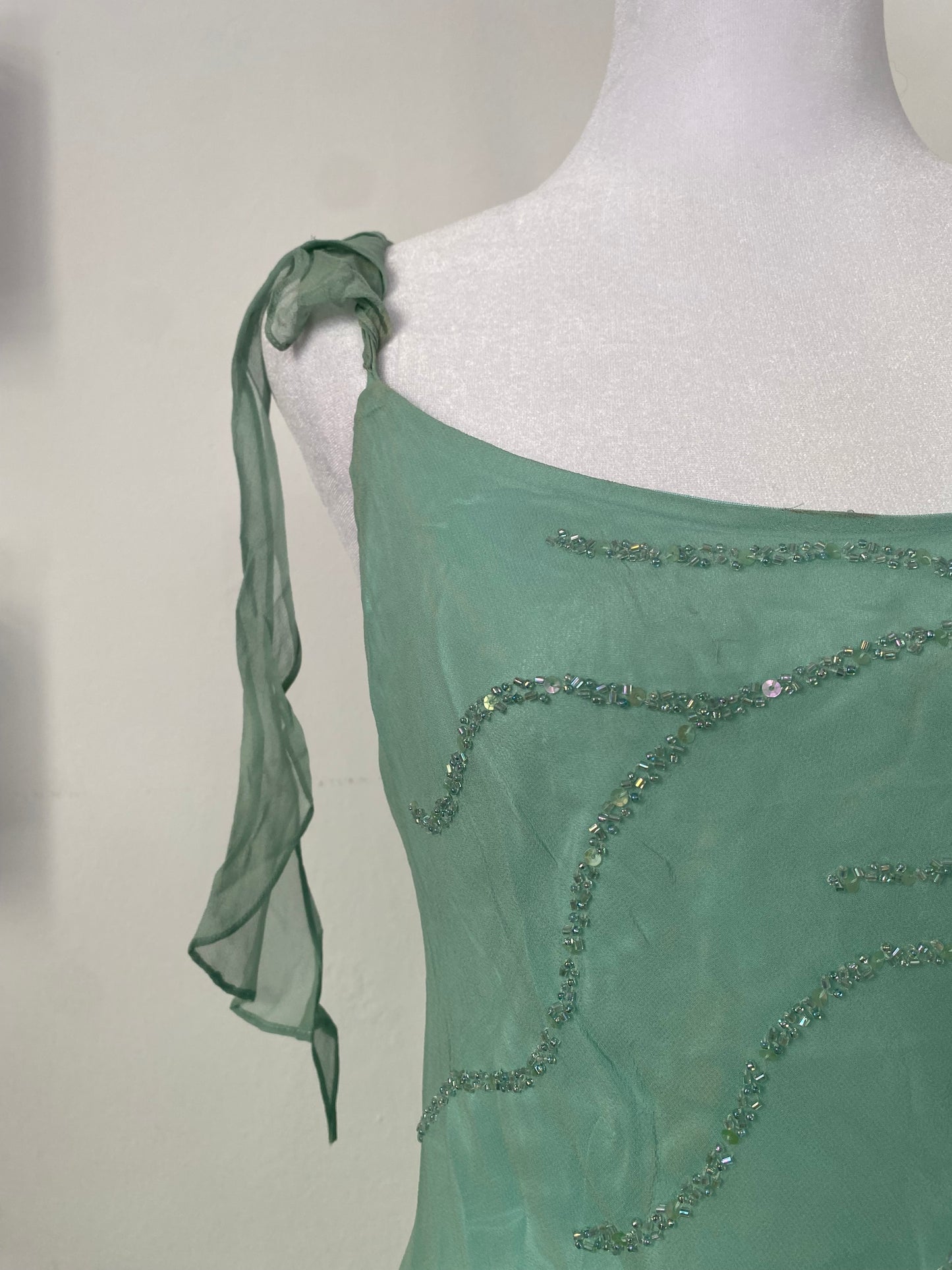 100% silk brand new light turquoise dress with all over handbeaded details