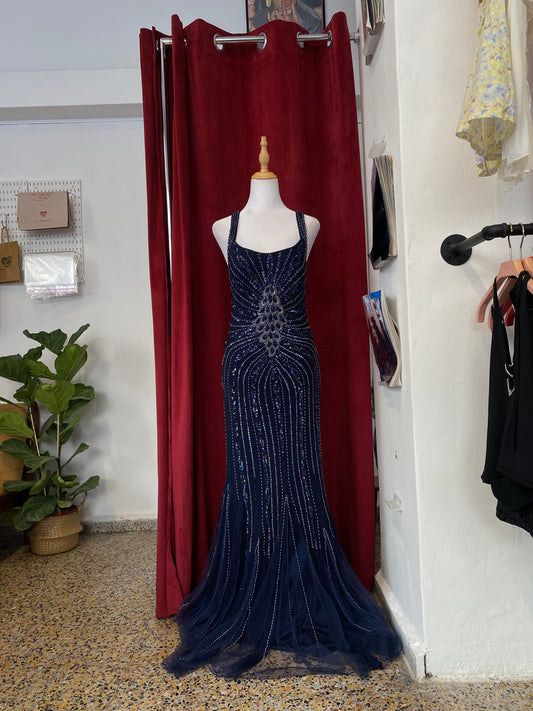 100% silk midnight blue handbeaded gown š