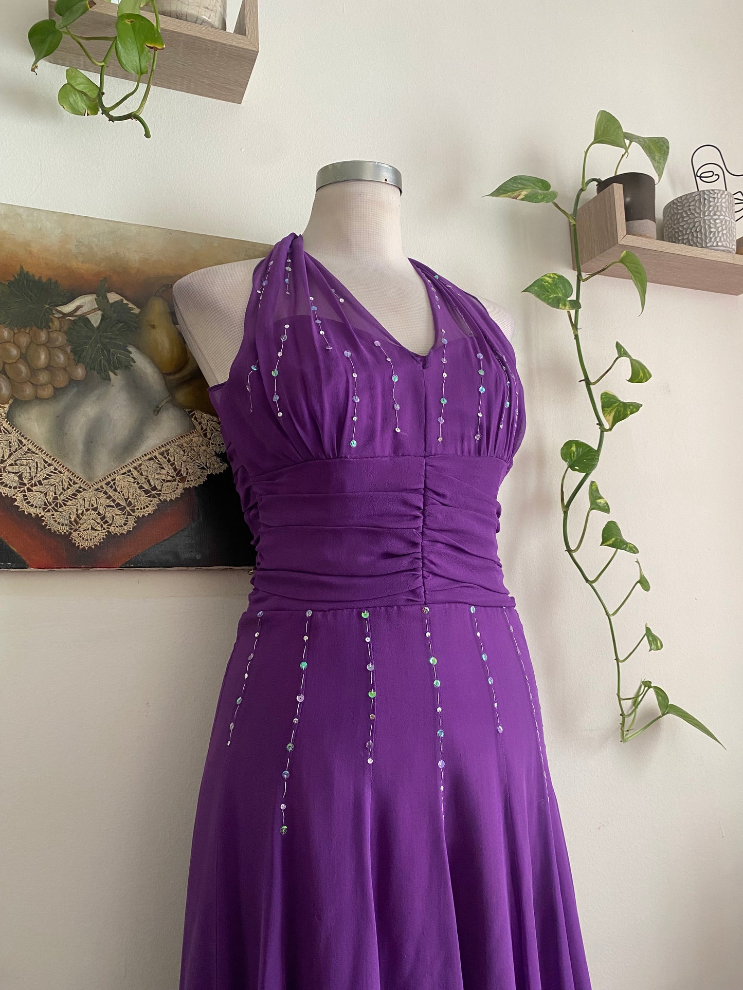 100% silk brand new handbeaded purple gown