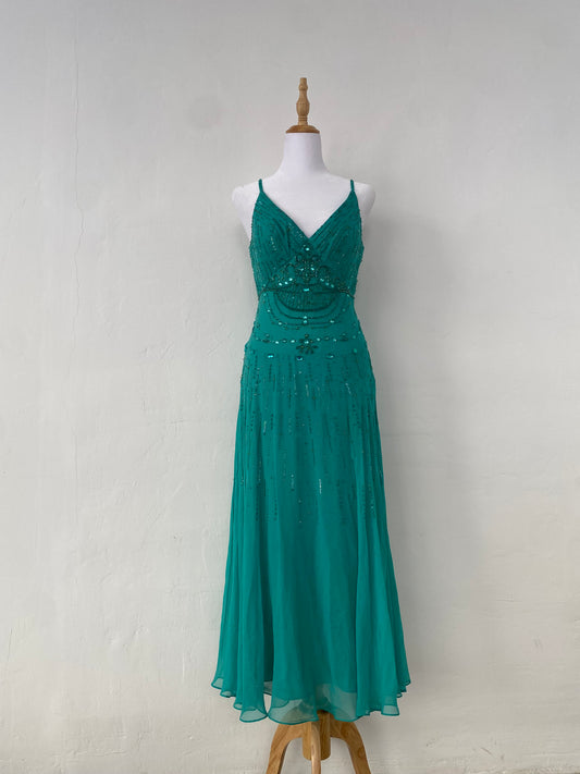 100% silk brand new turquoise gown with handbeaded details all over