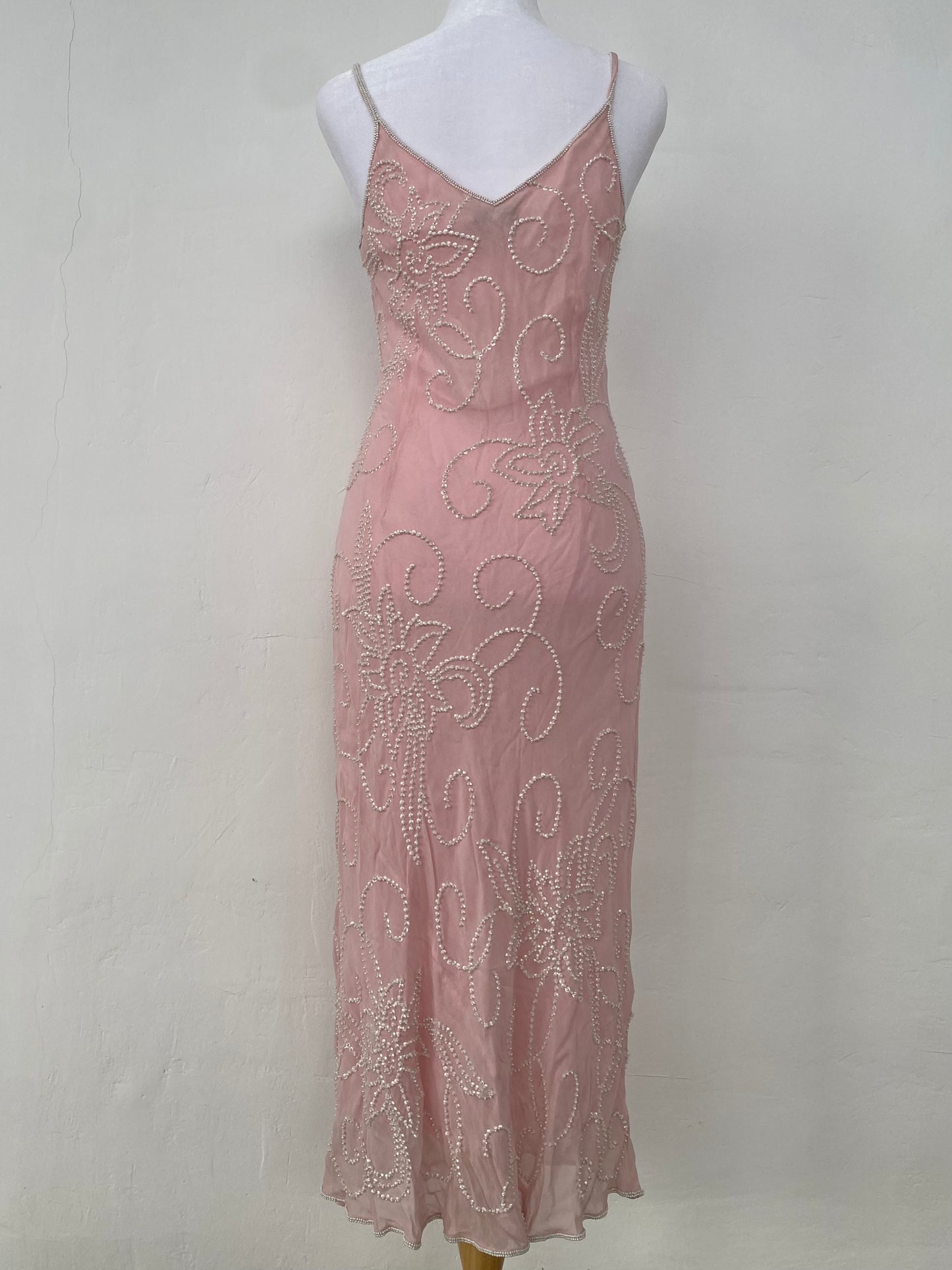 100% silk brand new baby pink maxi dress with handbeaded details