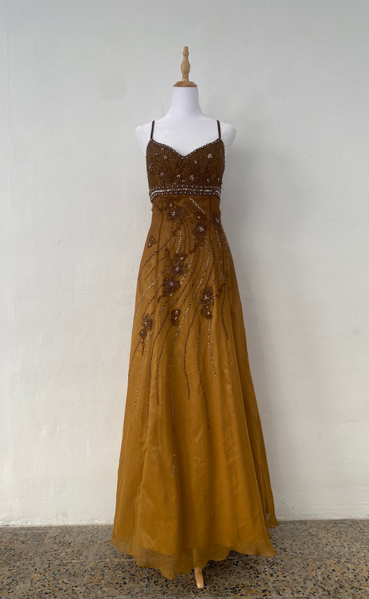 100% silk brand new brown handbeaded maxi dress
