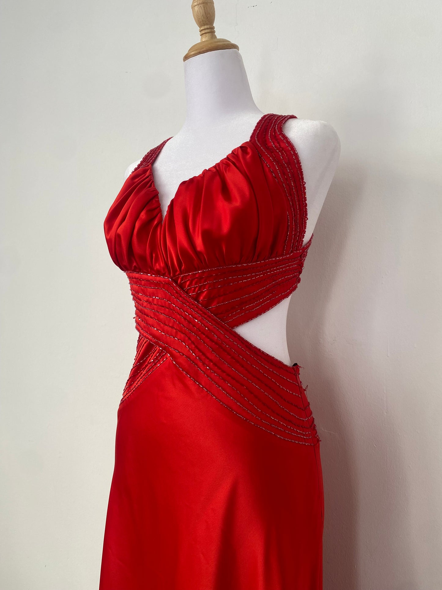 Brand new red satin gown with open back and sequin details