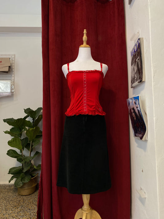 Corduroy midi skirt with leather belt details