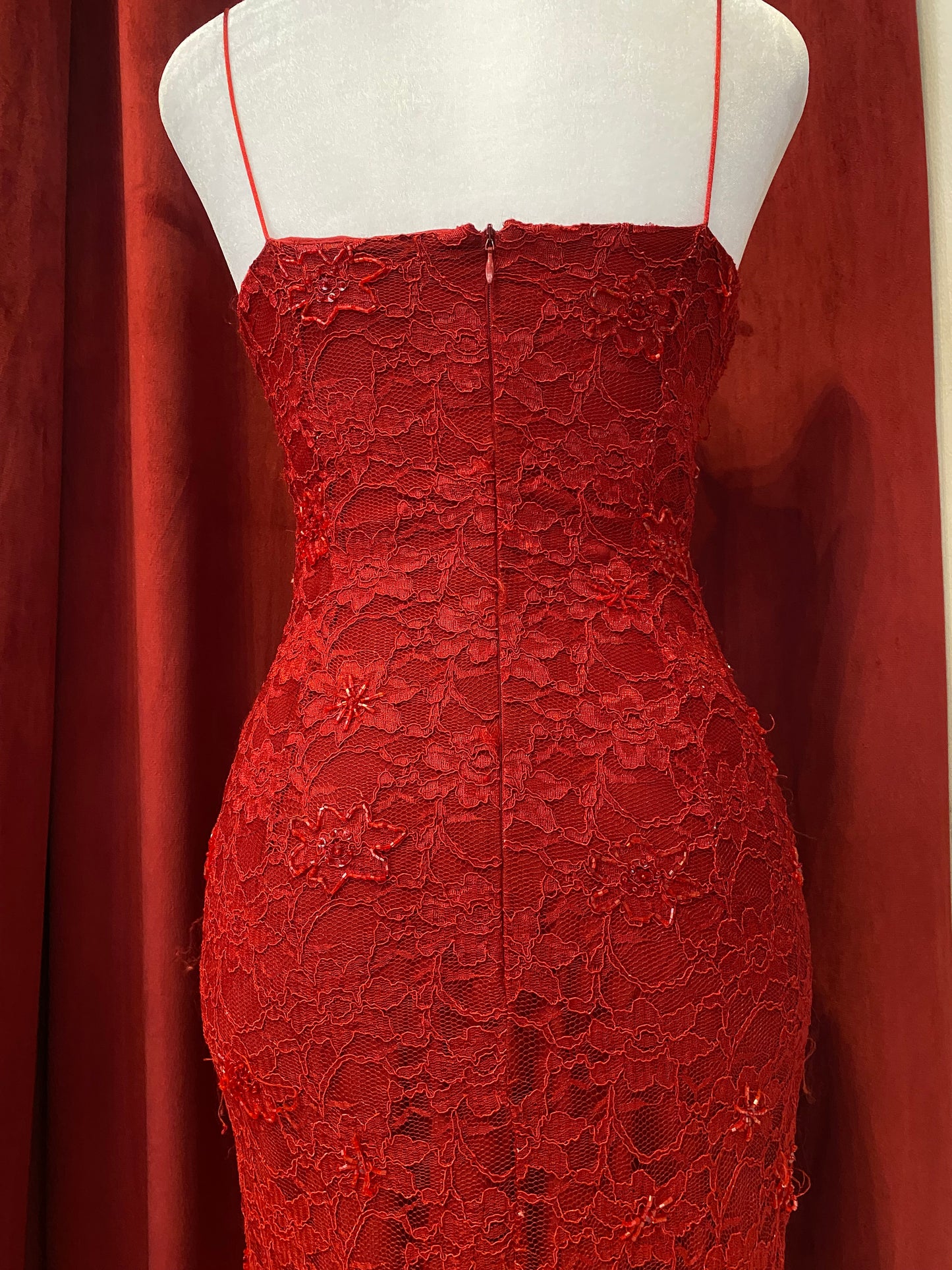 Red lace sequin bodycon dress ๐น