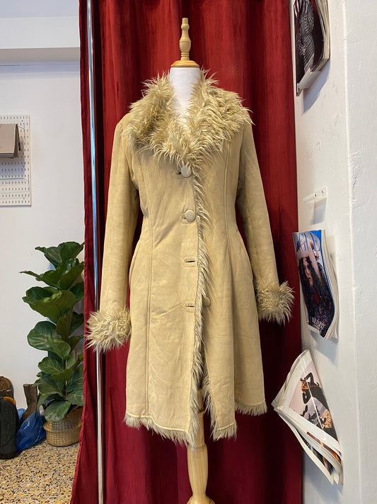 Long beige afghan coat with vegan fur