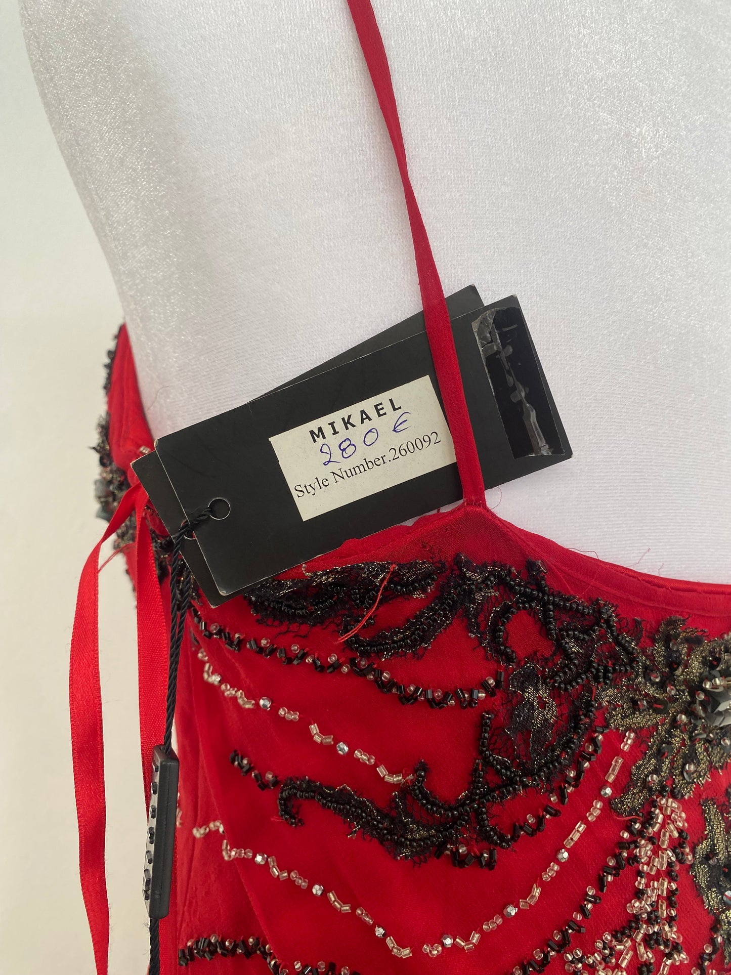 100% silk brand new deep red gown with all over handbeaded details