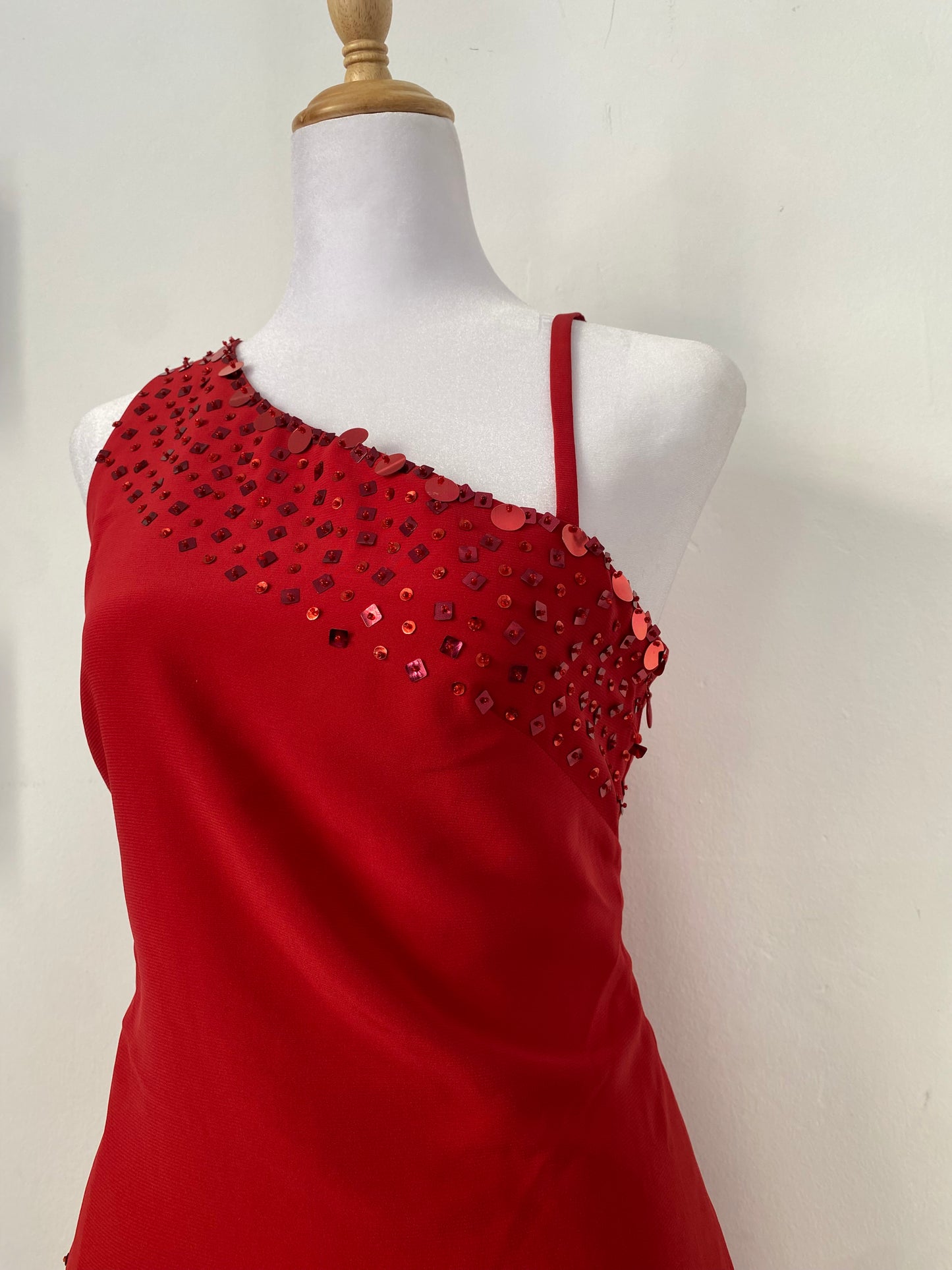 Brand-new deep red one shoulder maxi gown with sequin details