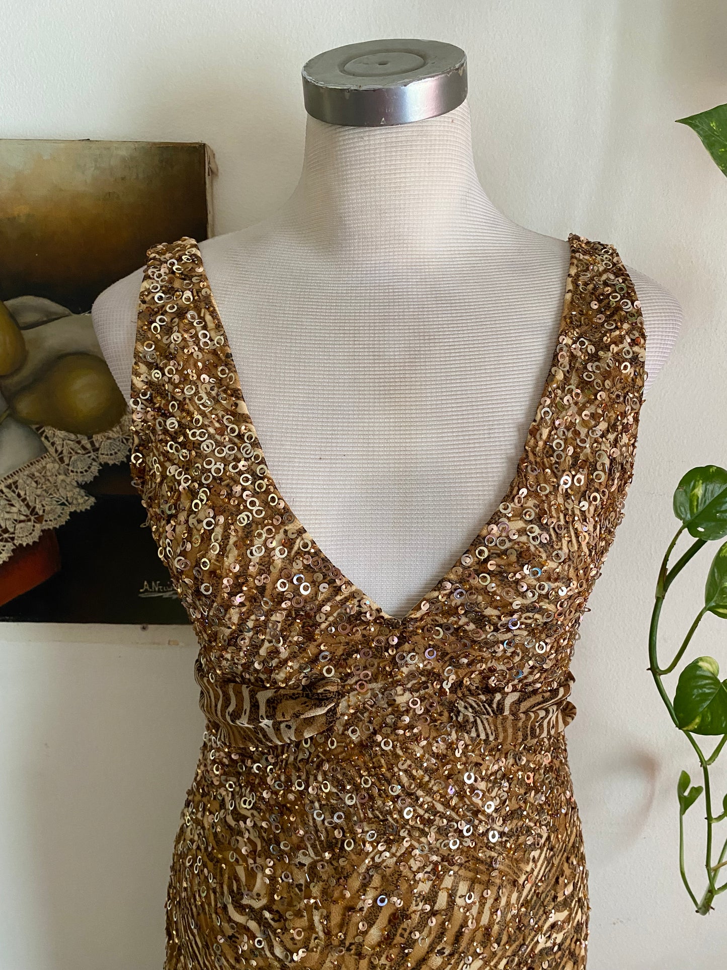 100% silk mini all over handbeaded gown