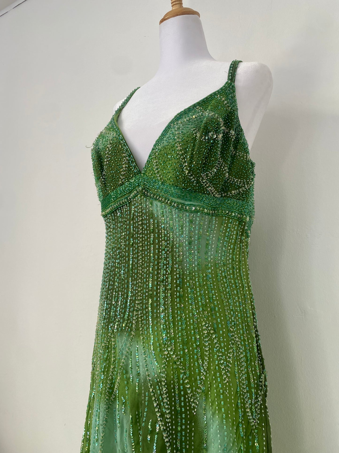 100% silk brand new green all over handbeaded dress